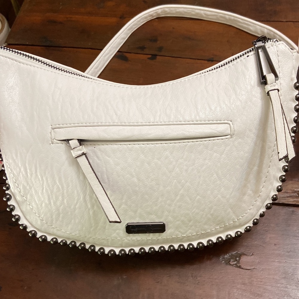 White Crossbody Womens Bag With Pewter Color Embellishments